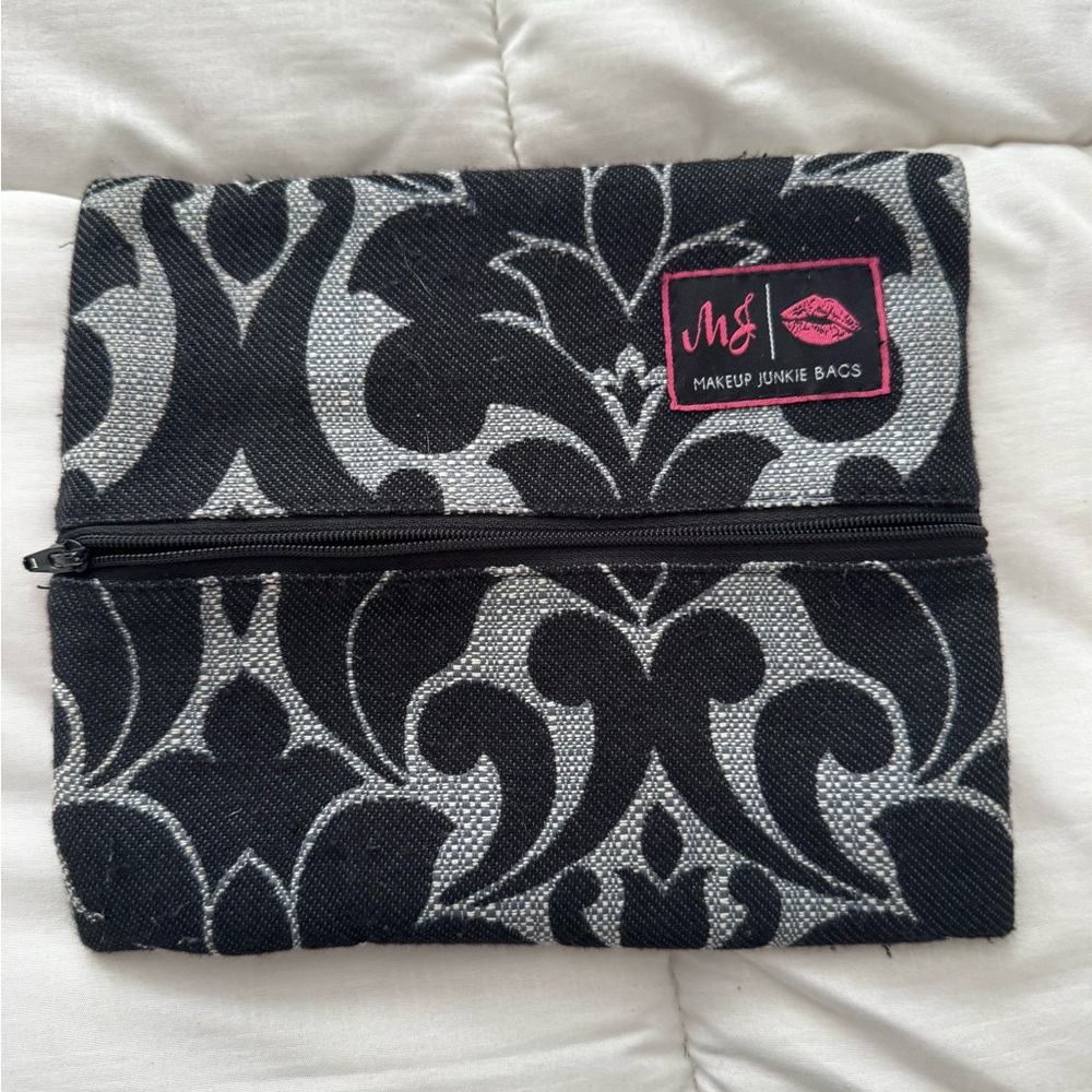 Makeup Junkie Bags Black & Silver Damask Cosmetic Pouch